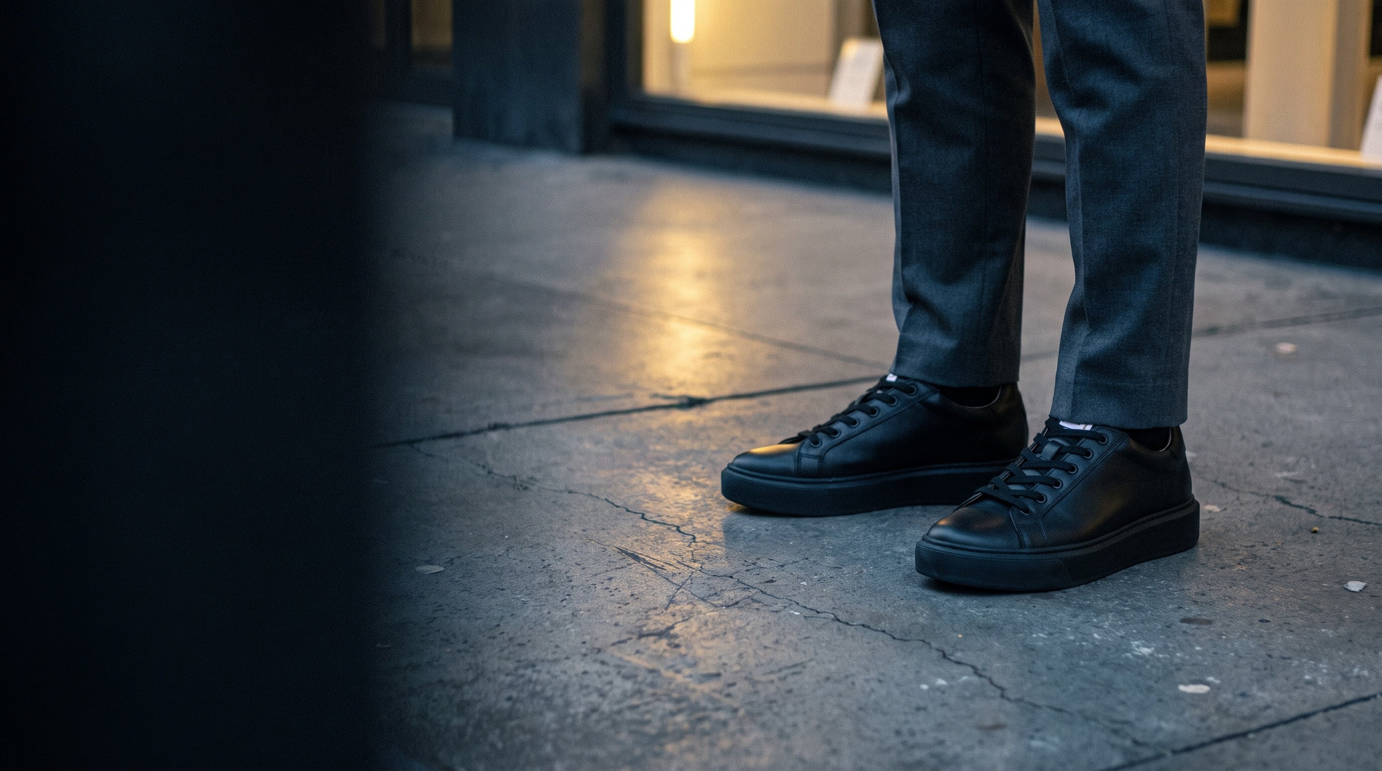 Sneakers Elevate Onyx din piele neagra, purtati la pantaloni eleganti, in lumina de seara